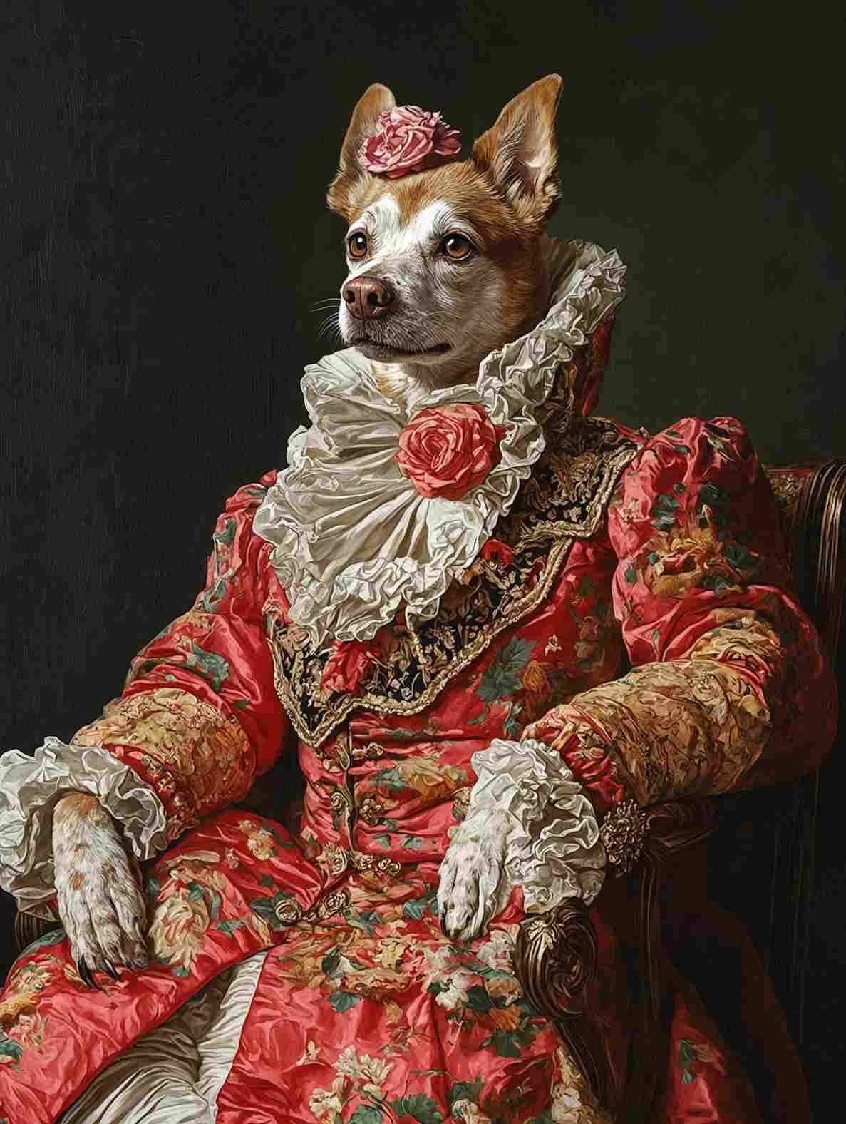 Portrait chien aristocrate personnalisé représentant un chien en tenue baroque élégante assis sur une chaise, vêtu d’une robe fleurie ornée de détails floraux et de touches dorées. L’animal de compagnie est transformé en personnage historique de l’ancienne aristocratie dans un style vintage et artistique, mêlant humour et sophistication dans une scène créative inspirée de l’art classique