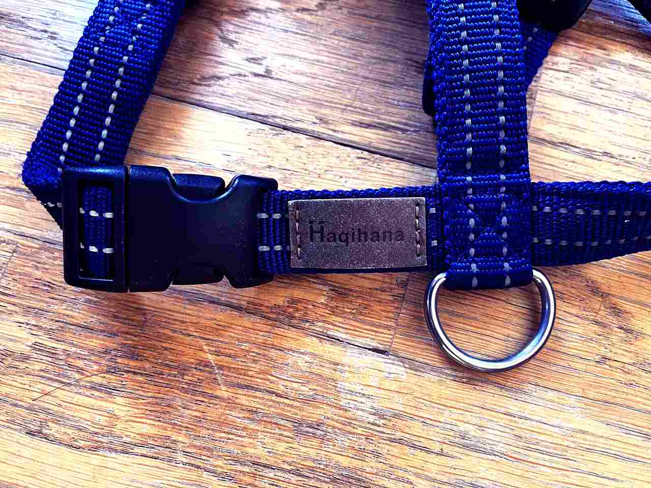 photo de la ceinture pour toutou de marque italienne Haqihana sur du parquet en bois