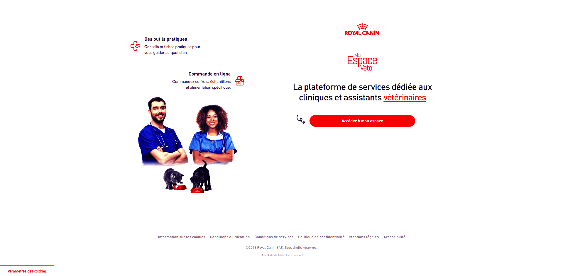 Interface de connexion de la plateforme monespaceveto dédiée aux vétérinaires et aux ASV de Royal Canin