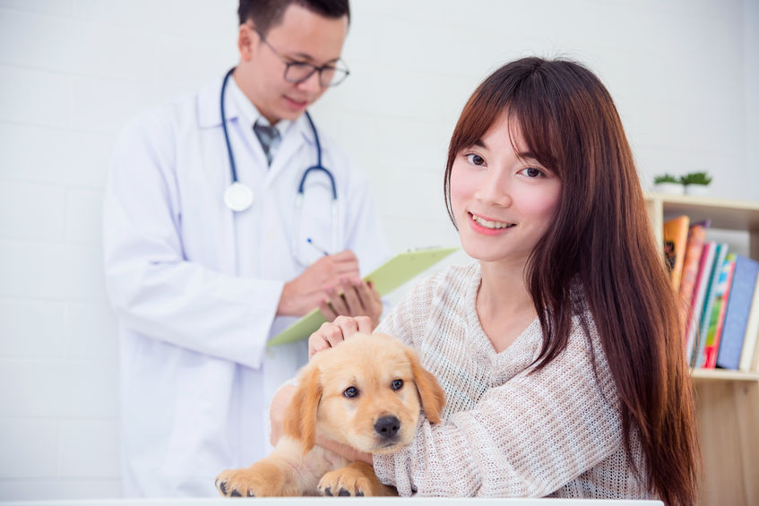 Jeune femme asiatique souriante posant avec son chiot devant la caméra pour illustrer un supplément nutritionnel chien