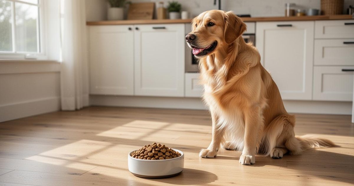 Chien Golden Retriever assis devant une gamelle de croquettes, illustrant comment choisir la meilleure nutrition quotidienne pour chien