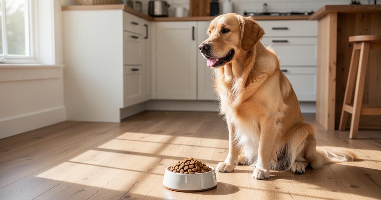 Golden Retriever devant sa gamelle de croquettes dans une cuisine lumineuse, conseils pour choisir la meilleure nutrition quotidienne pour chien